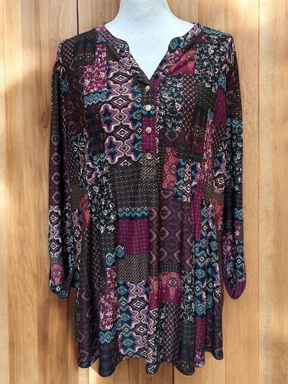Cocomo Women’s V Neck Burgundy Boho Patchwork Paisley Popover EarthY Blouse 2X